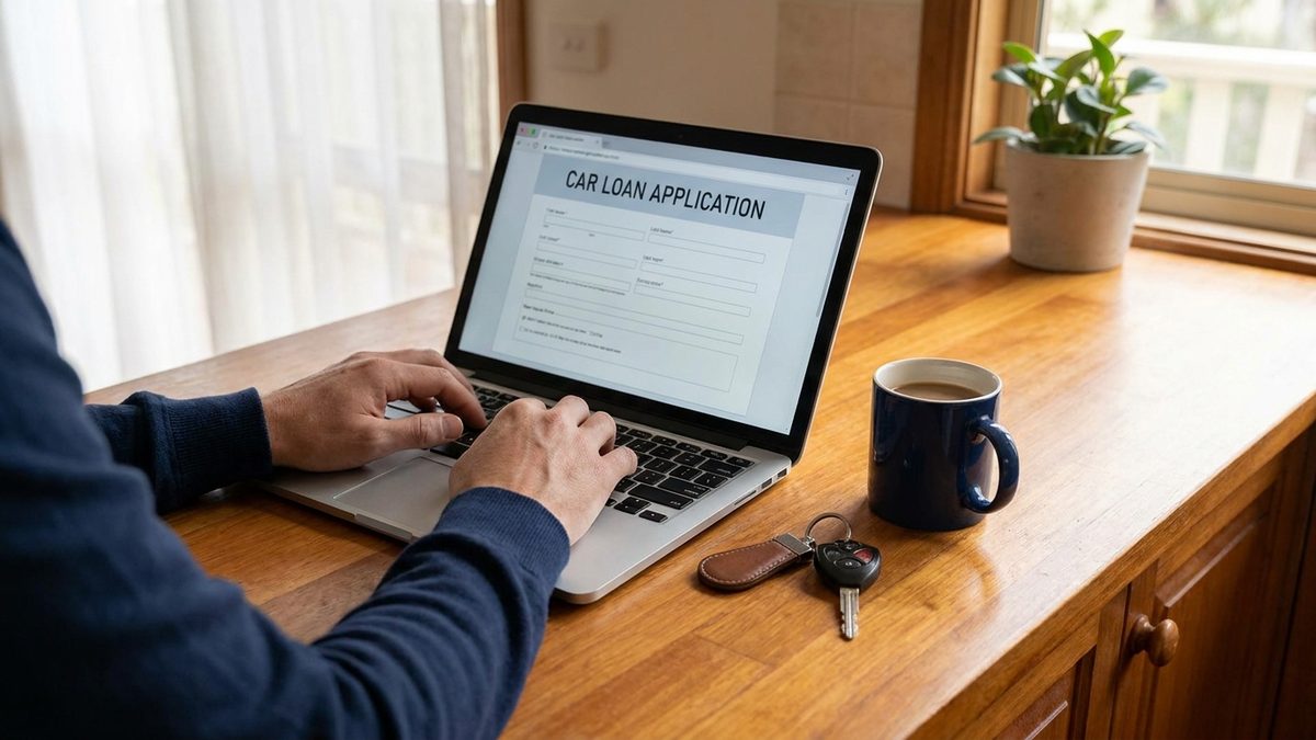 Hands filling in a car loan application on a laptop at a kitchen bench