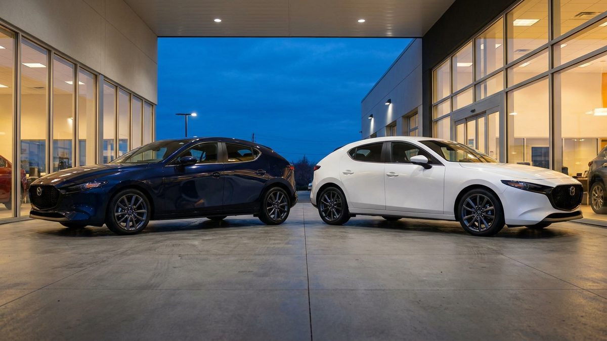 Two new hatchbacks side by side on a dealership forecourt at dusk