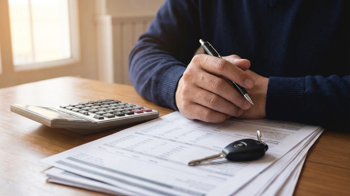 A person reviewing a printed loan statement with a calculator and a car key on the desk